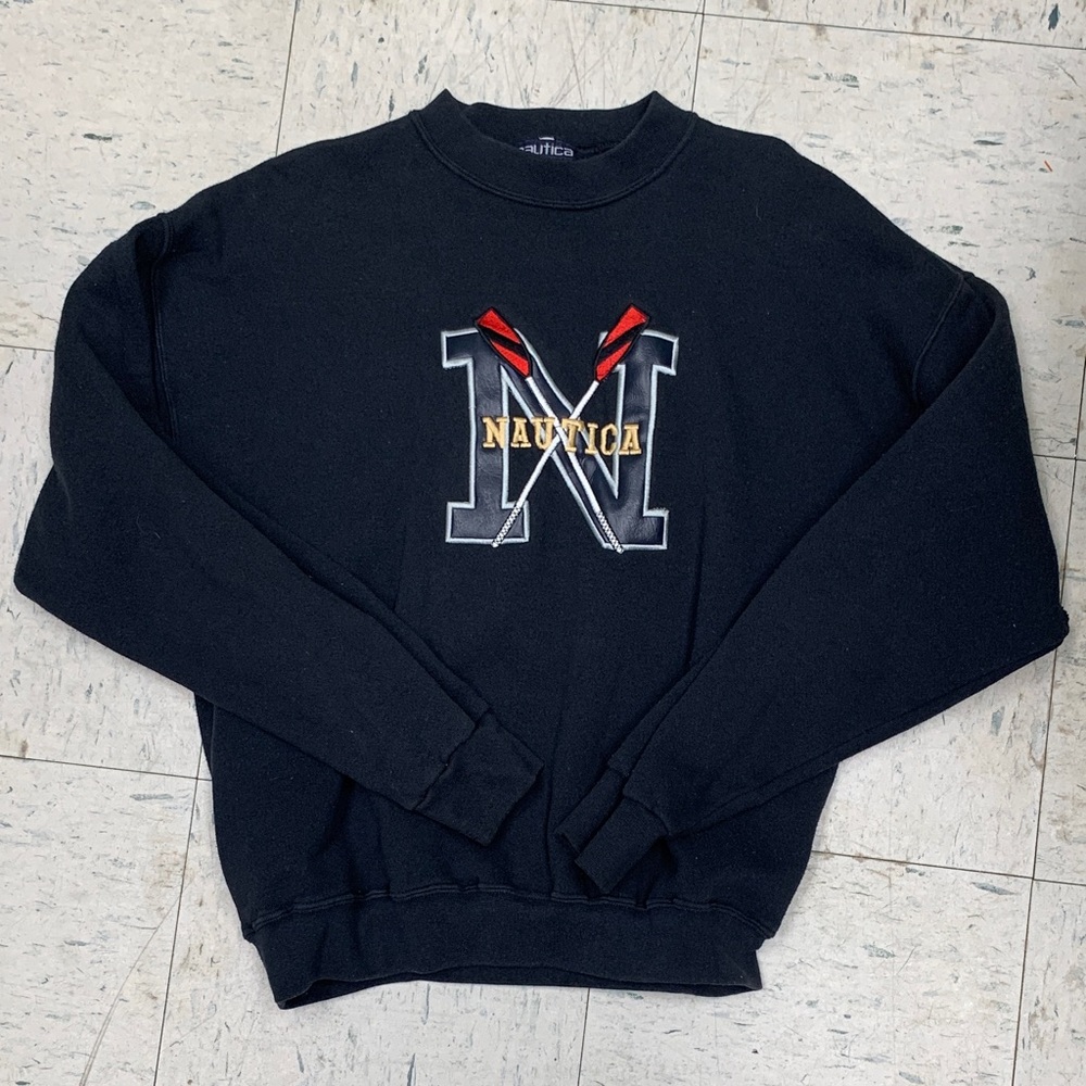 Nautica Black Crewneck Sweatshirt with Red Paddle Detail
